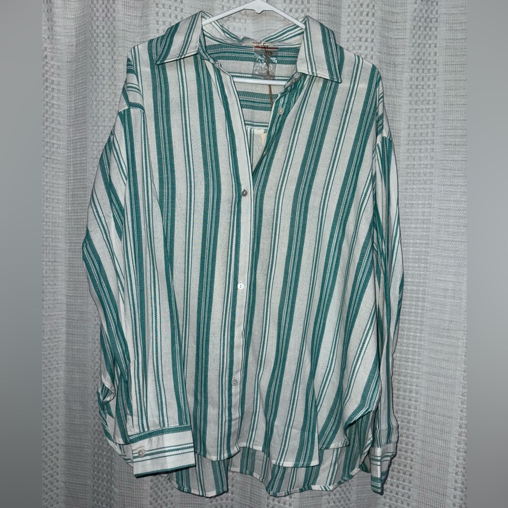 Easel Green and White Striped Shirt